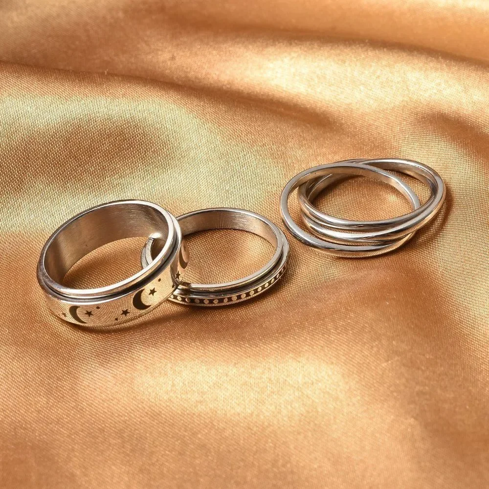 Stress Buster Spinner Ring in Stainless Steel Set of 3 Size 13